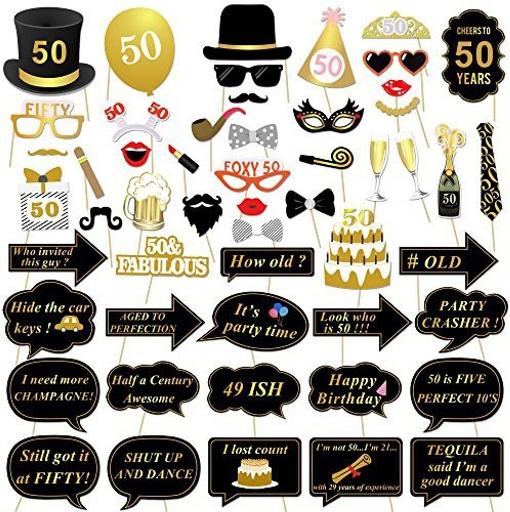 Konsait 50th Birthday Photo Booth Props 50 Black And Faux Gold