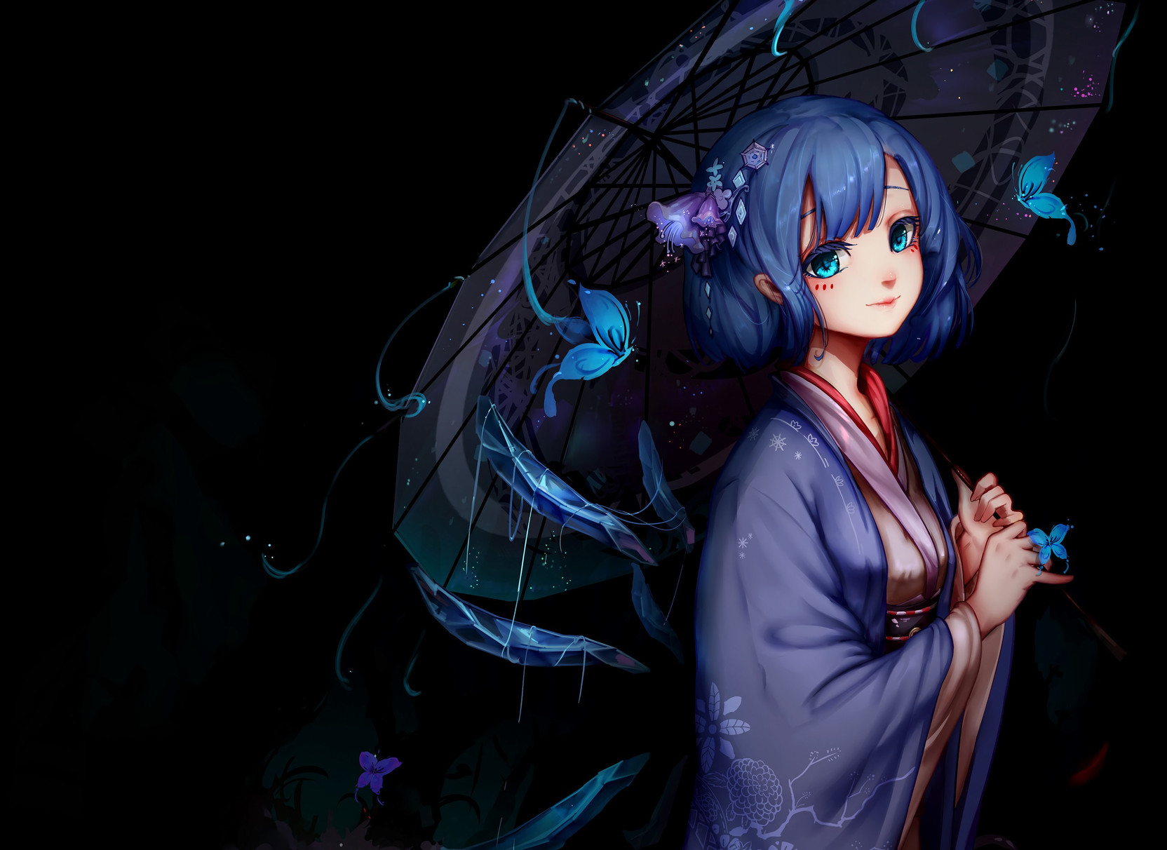 Athah Anime Touhou Girl Cirno Kimono Umbrella Butterfly Short Hair