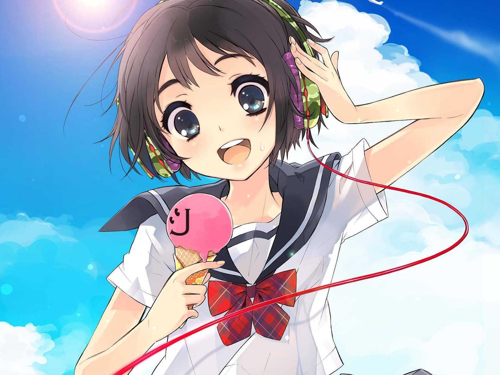 Athah Anime Headphones Short Hair Black Hair Ice Cream Blue Eyes