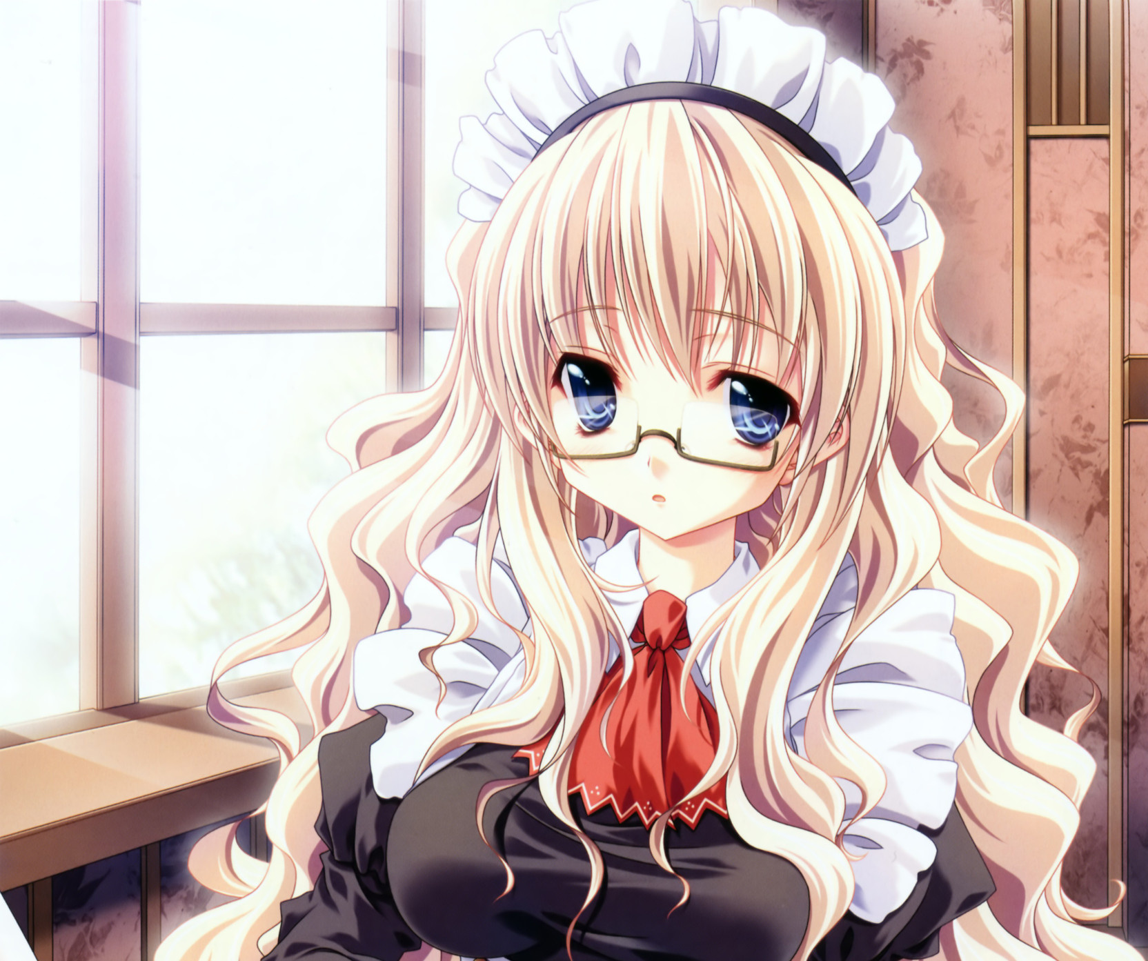 Athah Anime Original Long Hair Blonde Glasses Maid Apron Blue Eyes
