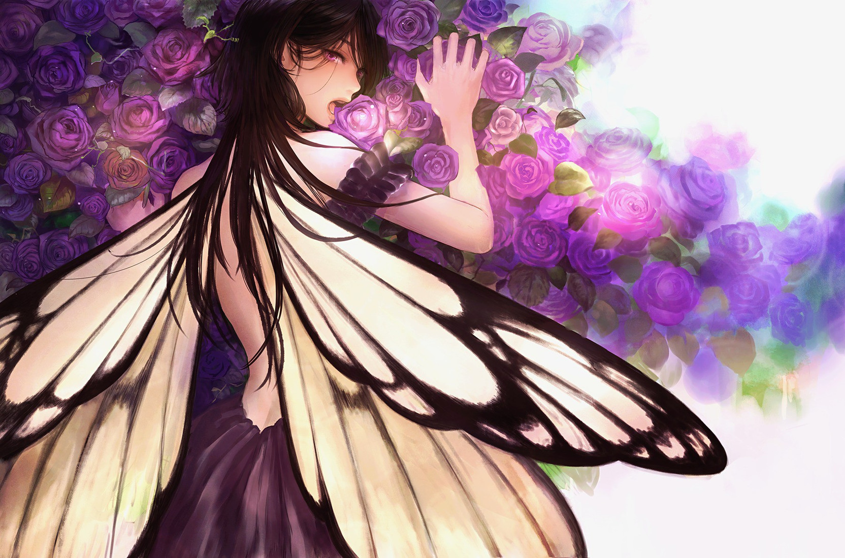 Athah Anime Original Girl Wings Flower Rose Purple Long Hair Black