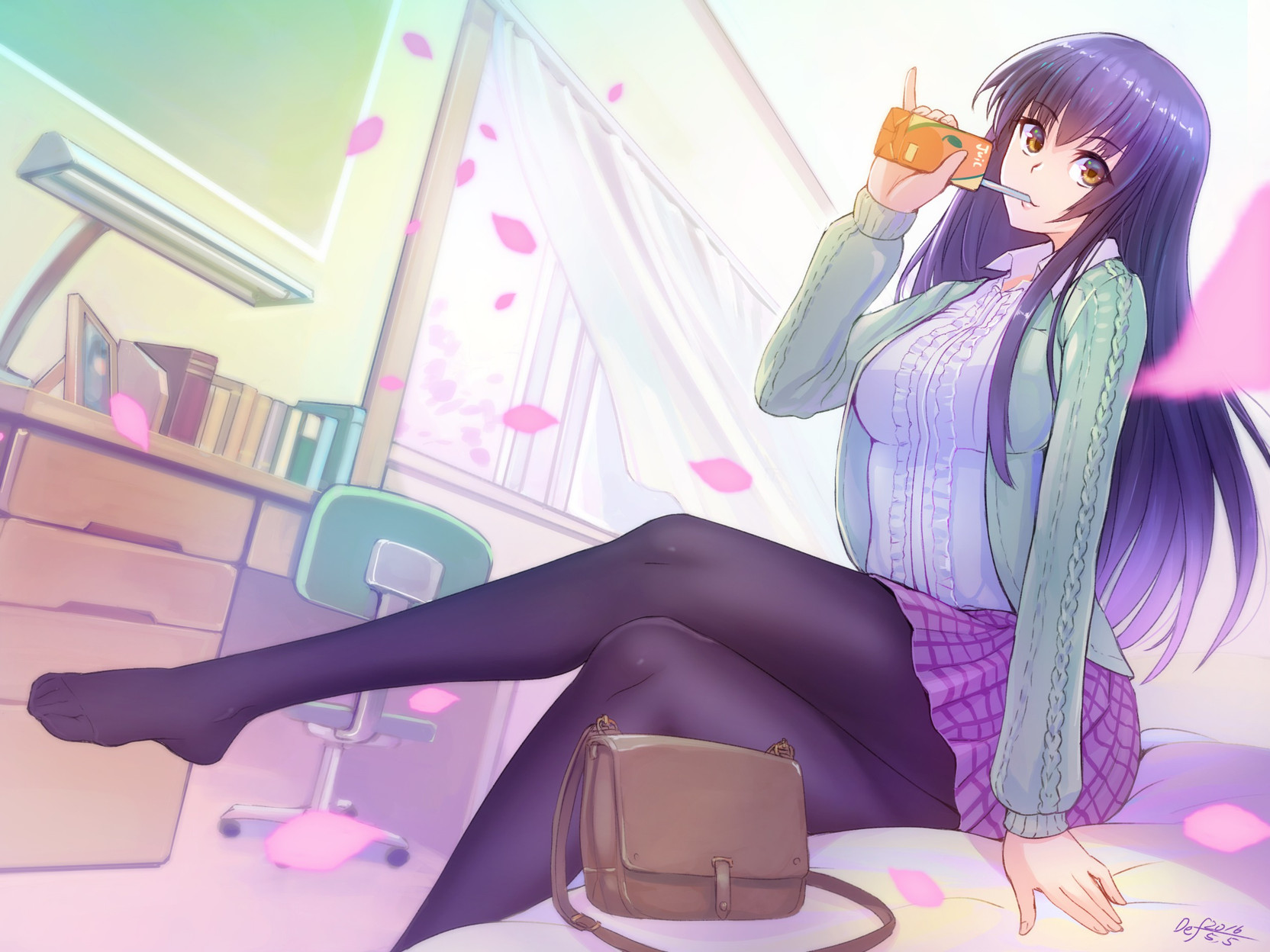 Athah Anime Original Girl Long Hair Purple Hair Drink Yellow