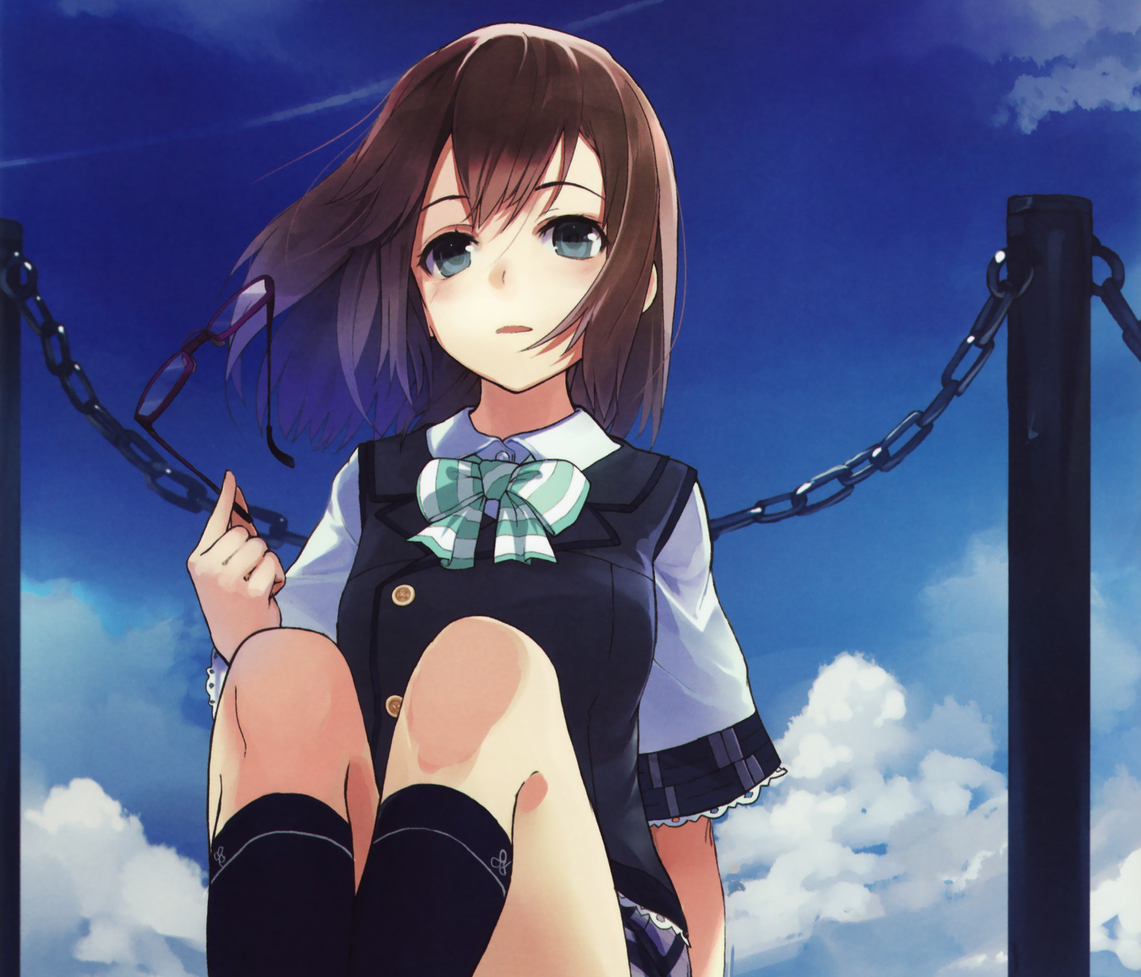 Athah Anime Original Glasses Brown Hair Short Hair Blush Bow Socks