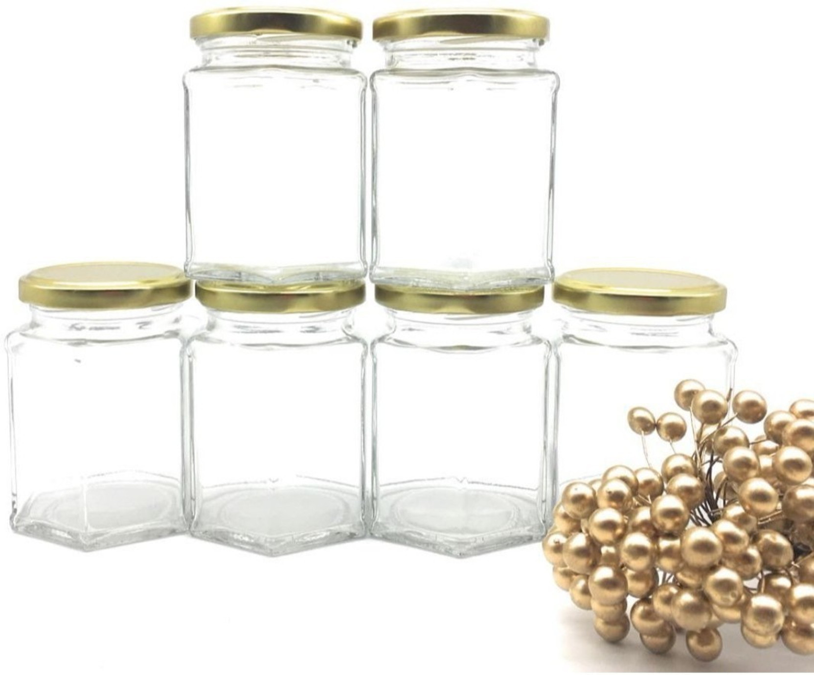 Satyam Kraft Hexagon Glass Jar And Container 220 Ml With Rust