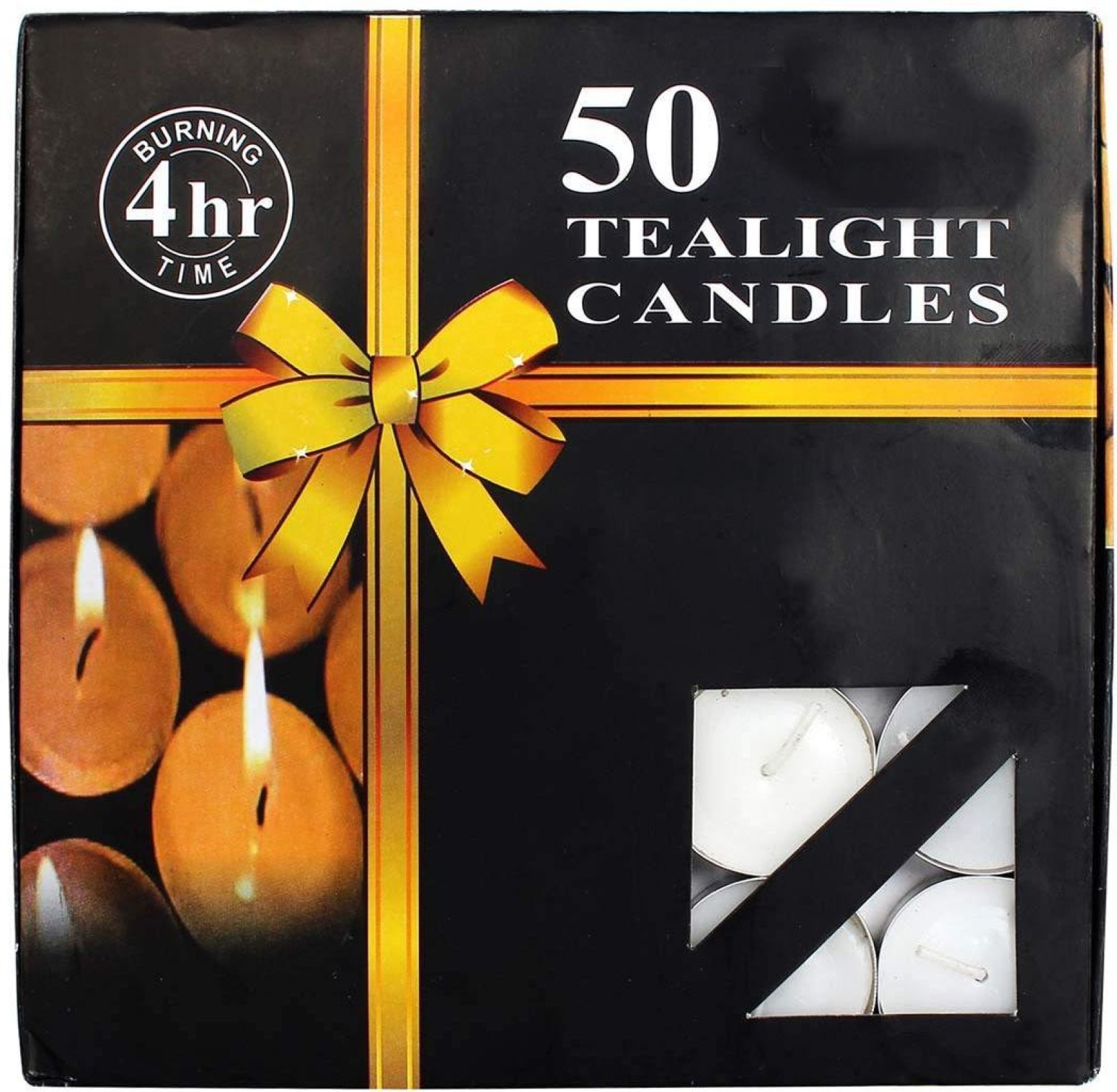 4 Hour Burn Time Dripless World of Candles White Tea Light Candles 50 Pack Unscented Decorative Gold Tin Holders Smokeless