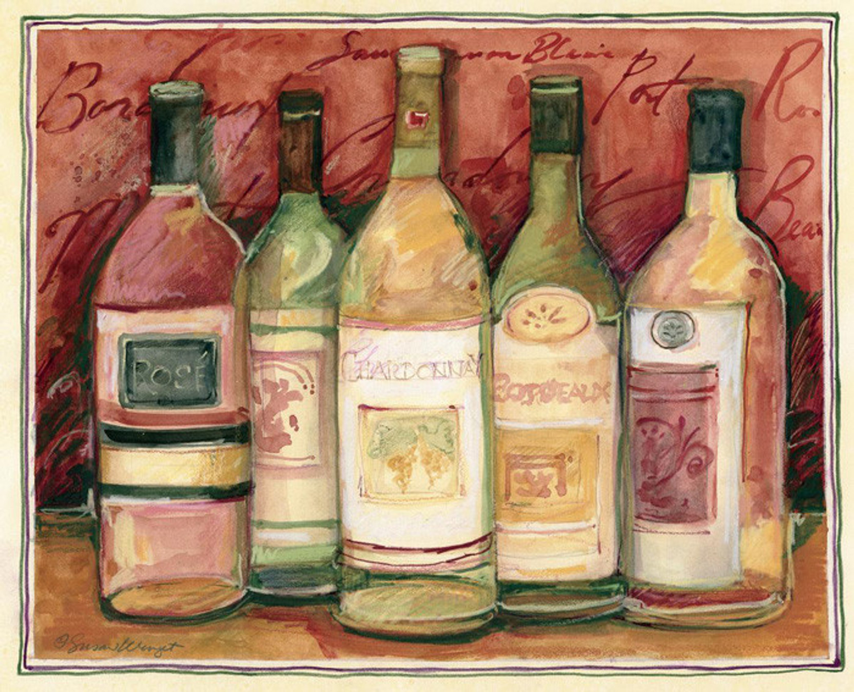 Wine Bottle on Red Fine Art Print Susan Winget posters Cuisine