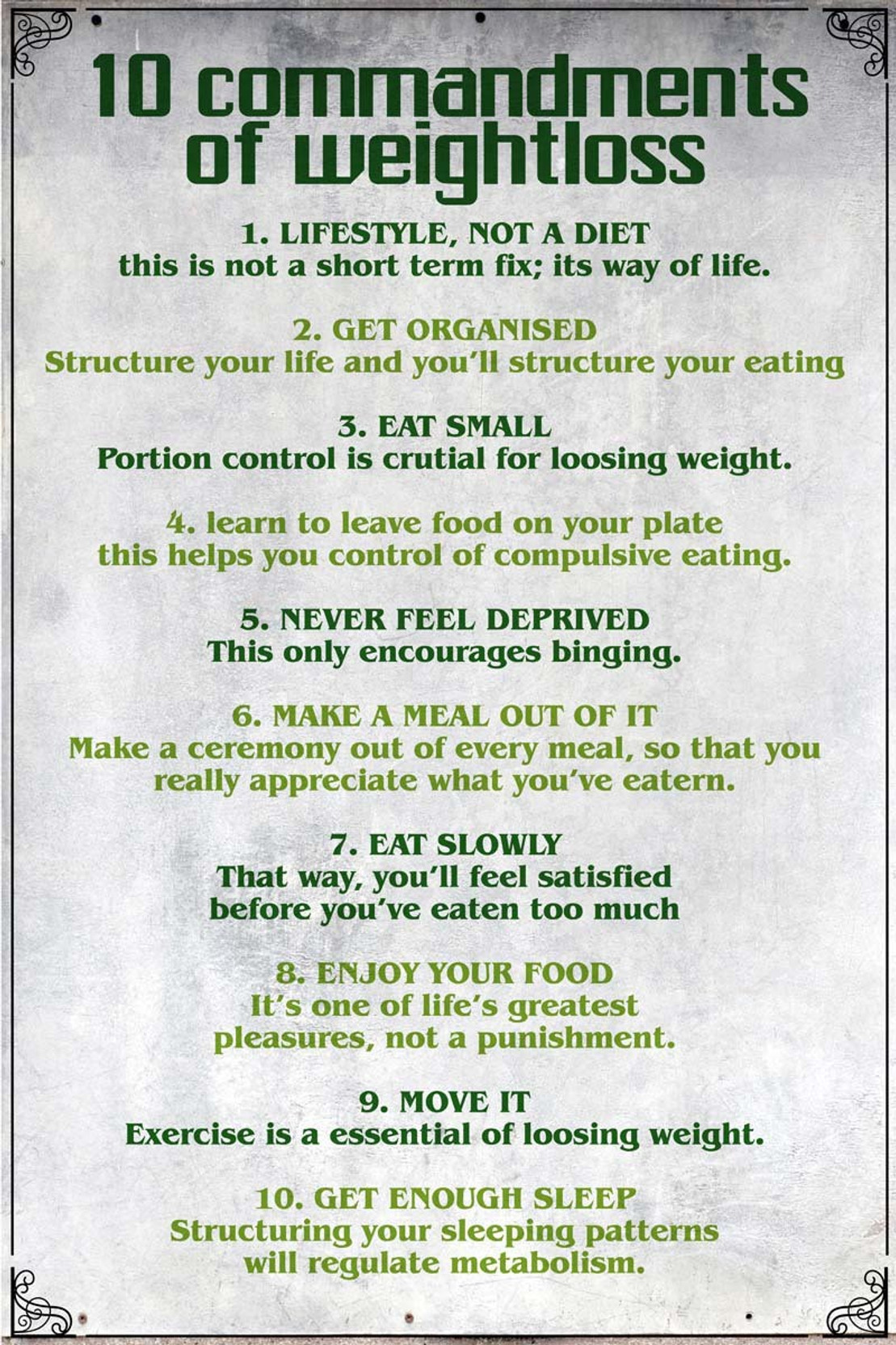 10 Commandments Of Weight Loss Photographic Paper Educational