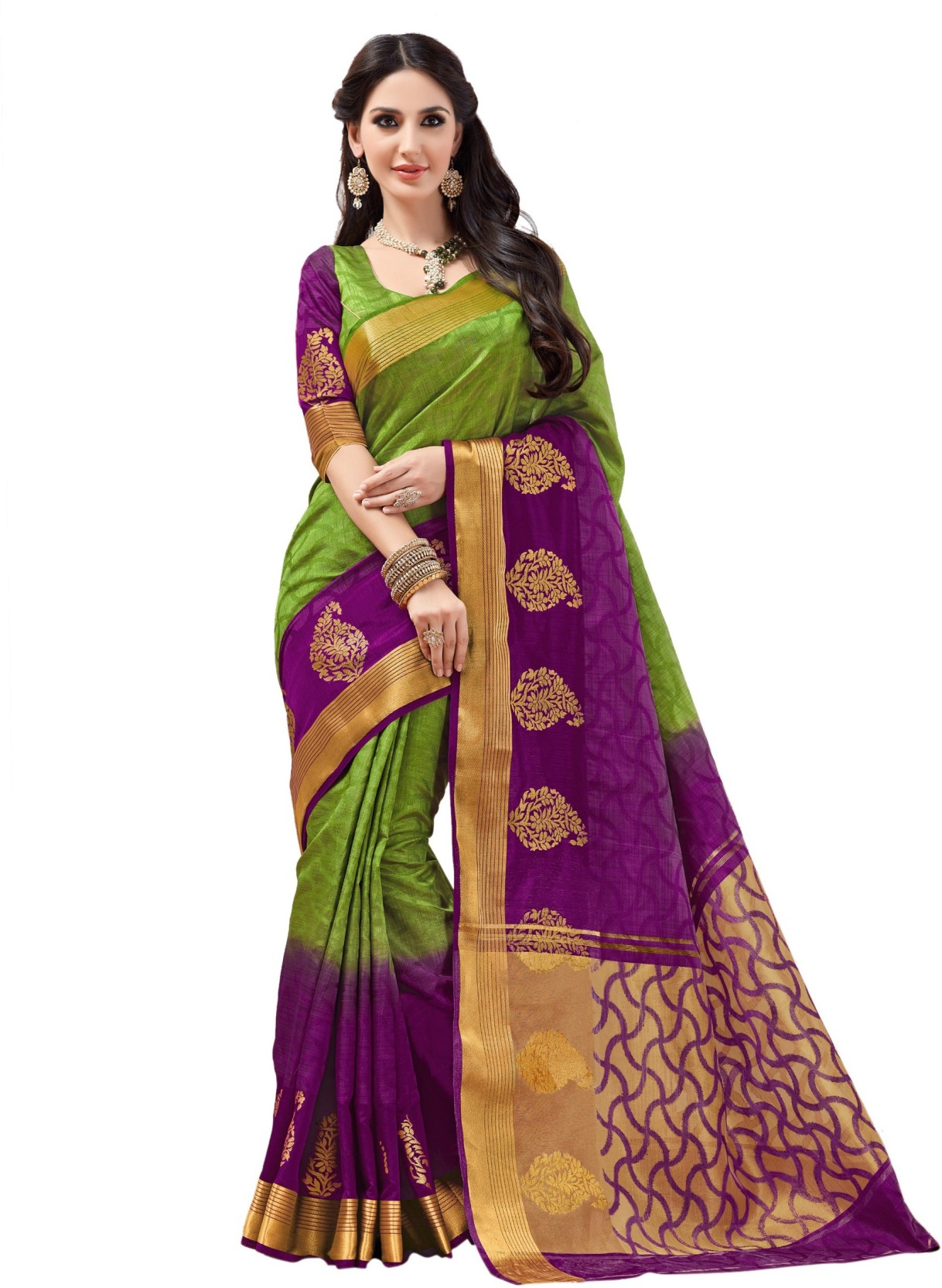 Buy Taanshi Self Design Kanjivaram Tussar Silk Green Sarees Online ...