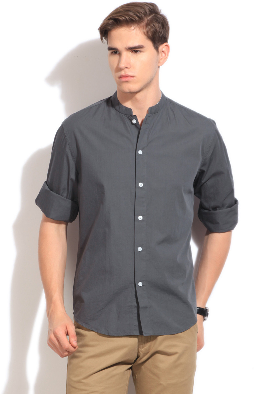 grey shirt tan pants