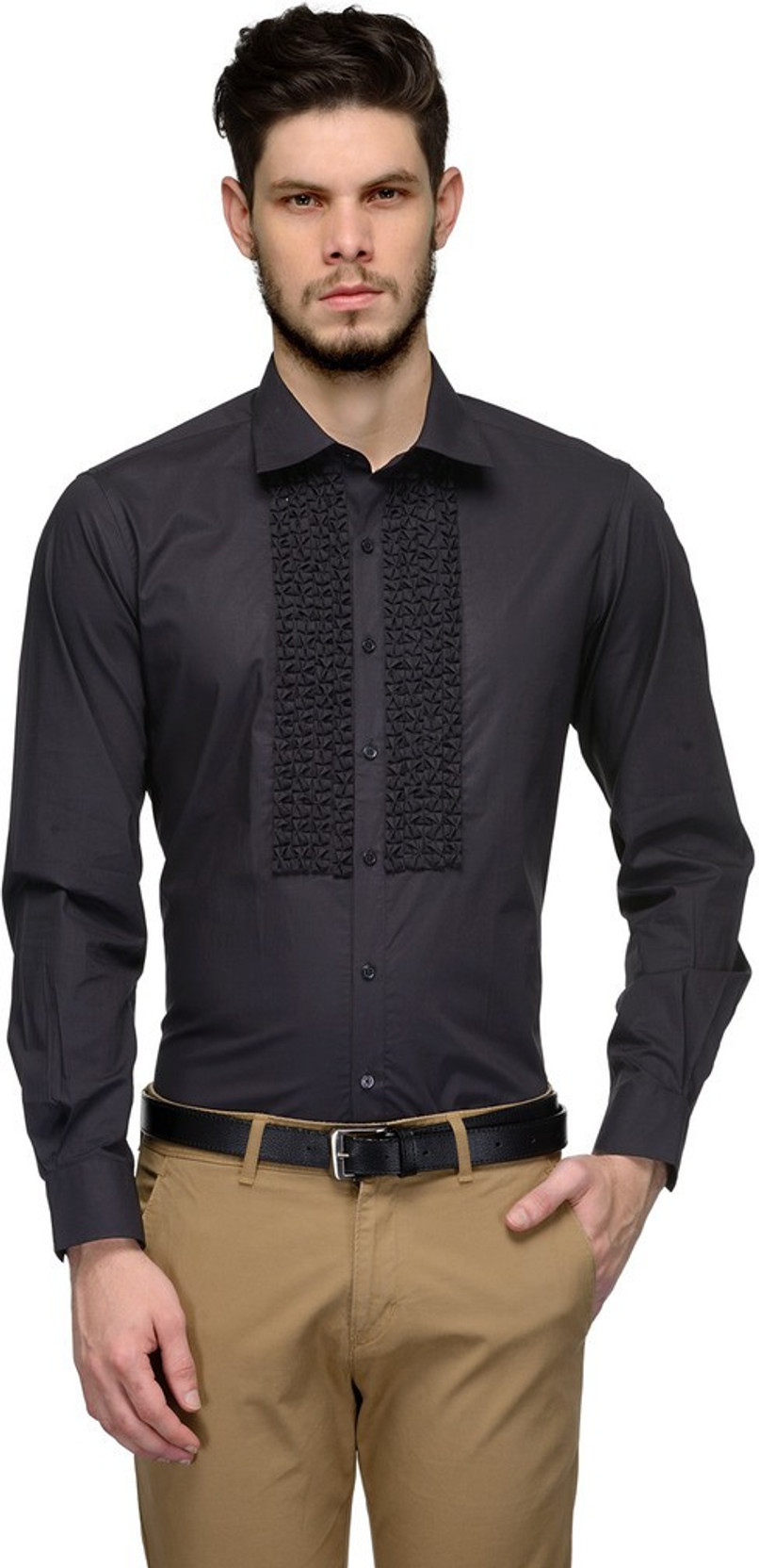 black dress shirt and khakis