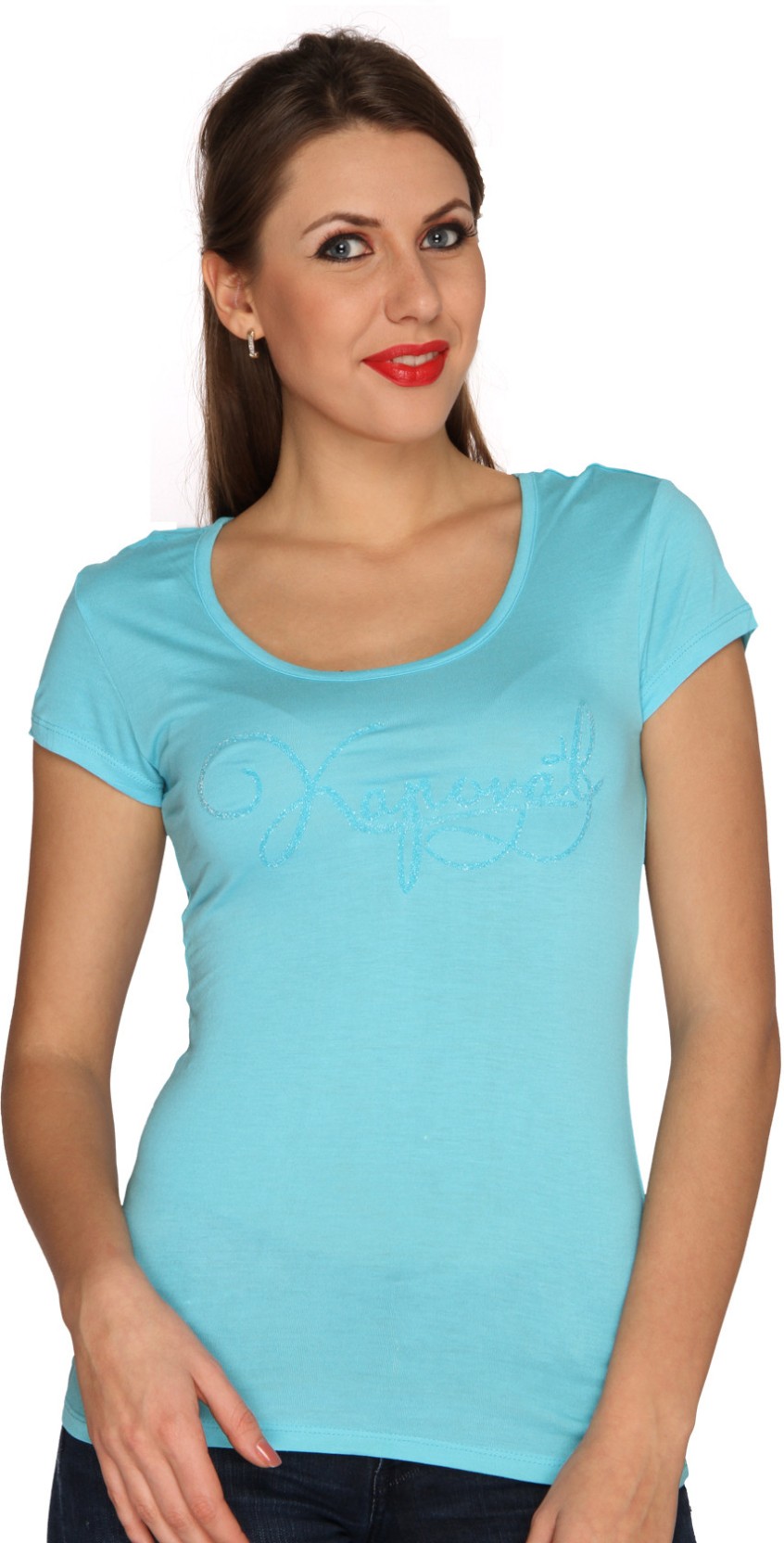 Bedazzle Printed Women's Round Neck Light Blue TShirt