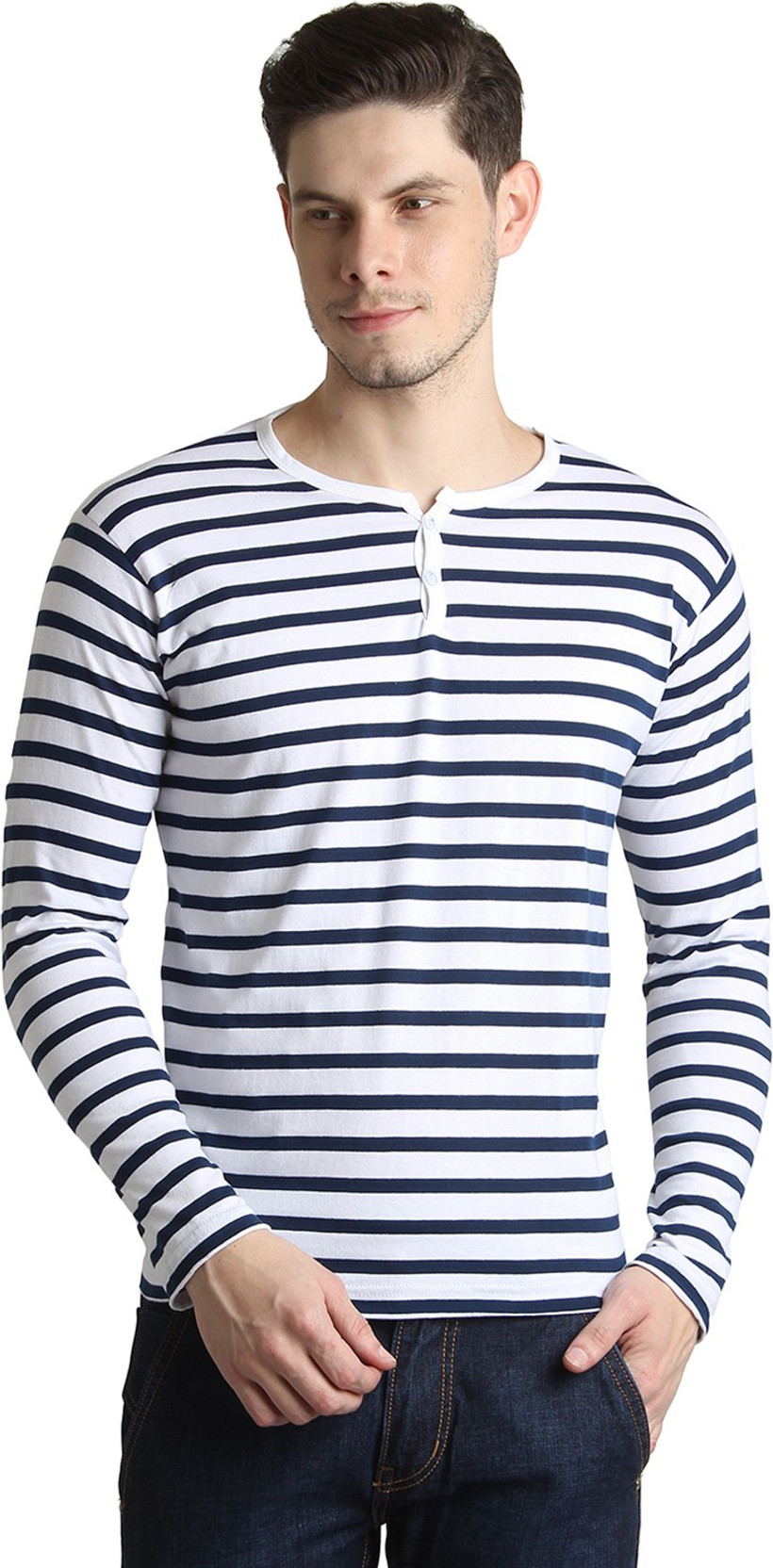 BigIdea Striped Men's Henley White, Dark Blue TShirt Buy White Dark