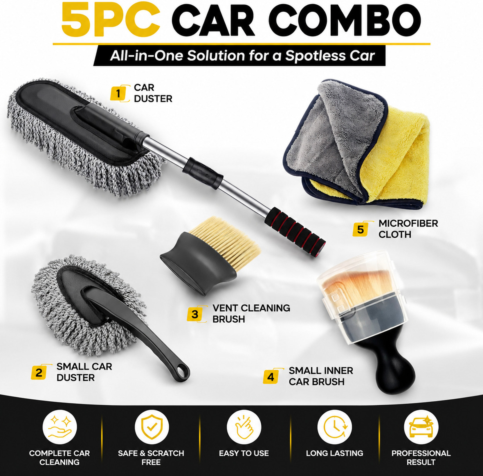 DECOZARE 5PC Interior Exterior Car Cleaning Combo with Microfiber Towel Wet and Dry Duster Set