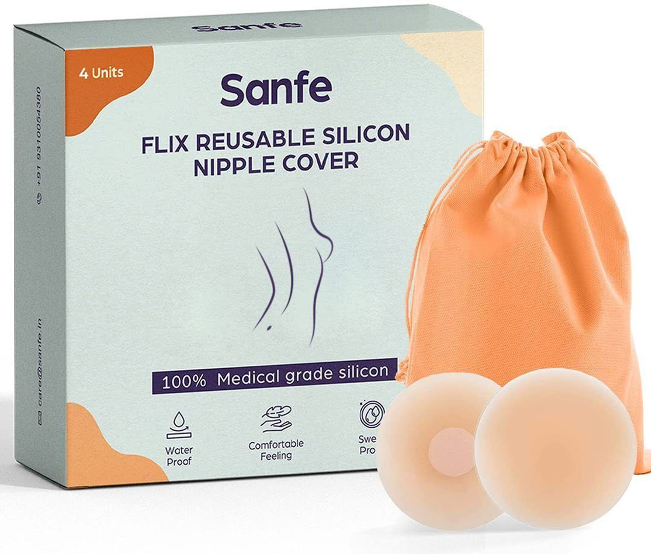 Sanfe Flix Reusable Silicone Nipple Cover, Medical grade silicone Silicone Cup Bra Pads (Beige Pack of 4)