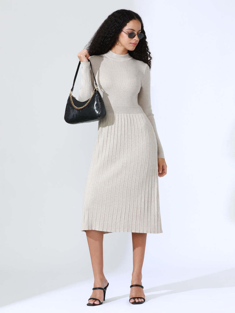 SHOWOFFFF Women Fit and Flare Beige Below Knee Dress