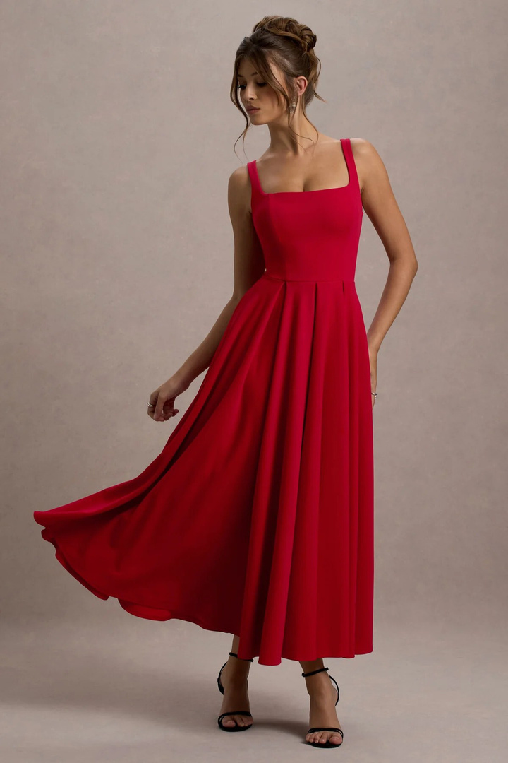 HouseOfCommon Women Fit and Flare Red Ankle Length Dress