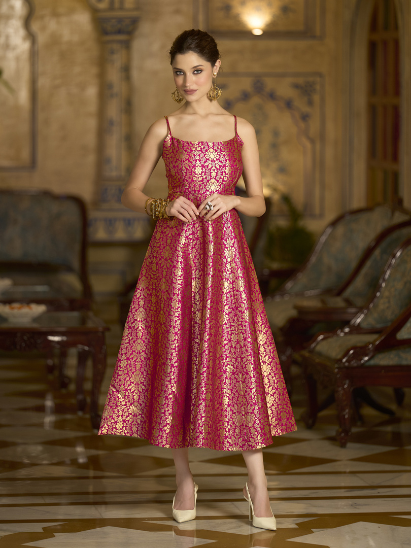 OBSHIVKA Women Fit and Flare Pink Midi/Calf Length Dress