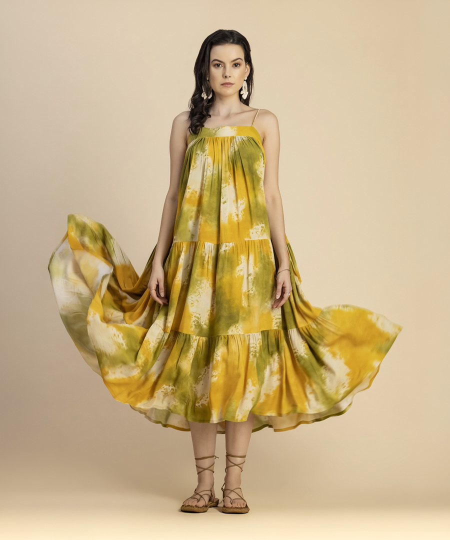 moomaya Women Tiered Yellow, Light Green Midi/Calf Length Dress
