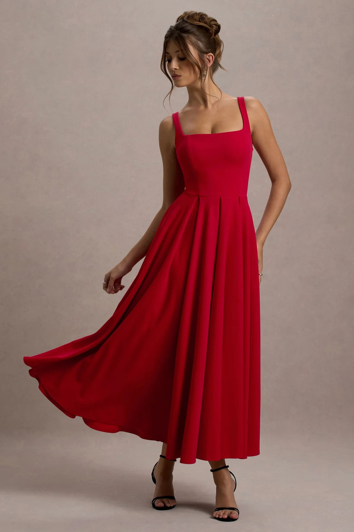 Traquila Women Fit and Flare Red Midi/Calf Length Dress