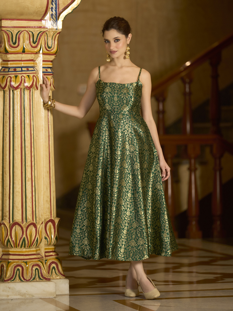 OBSHIVKA Women Fit and Flare Green Midi/Calf Length Dress
