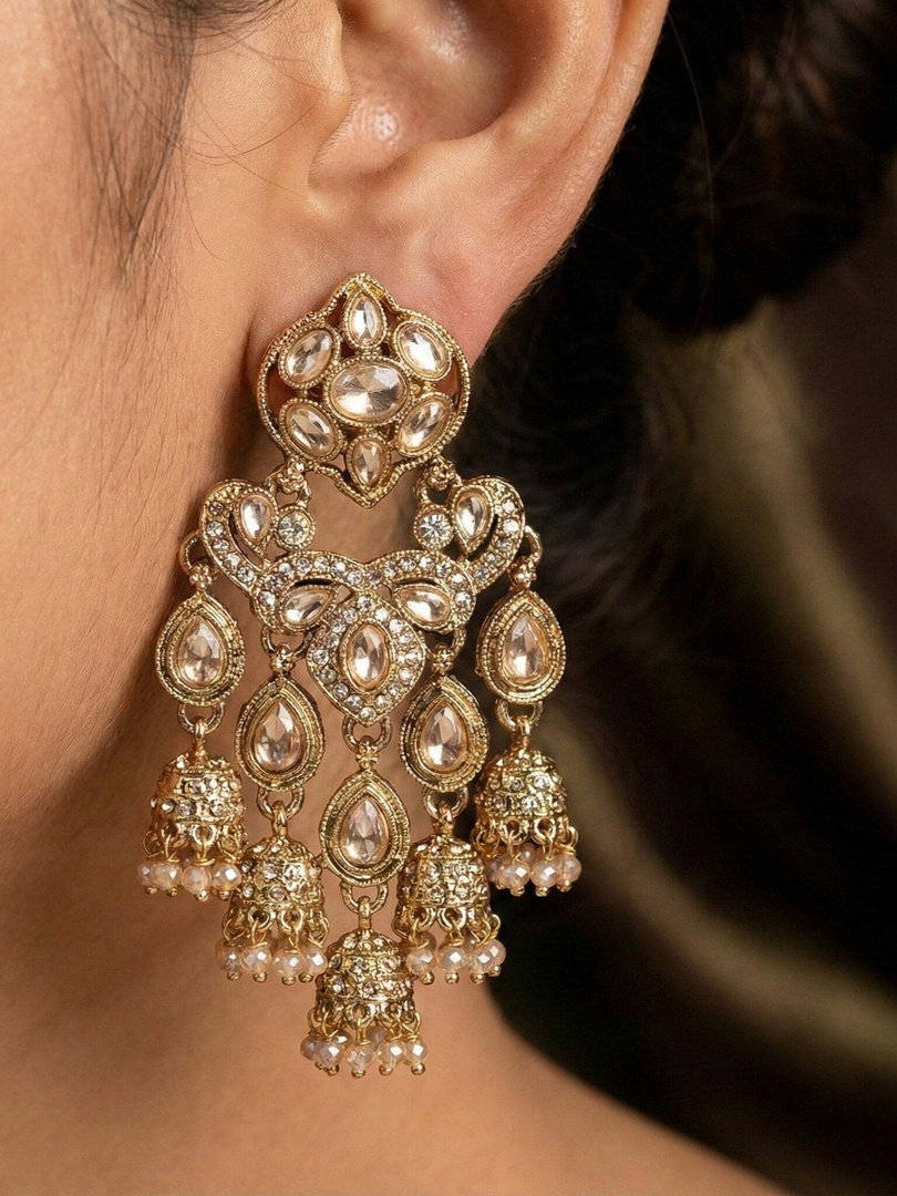 Meira Jewellery Designer Premium Kundan Studded Gold Plated Heavy Earring Alloy Drops & Danglers