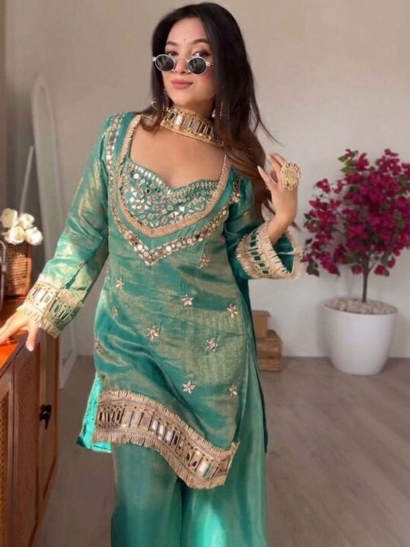 RILLOURA Women Silk Blend Kurti Palazzo Attached Dupatta Set