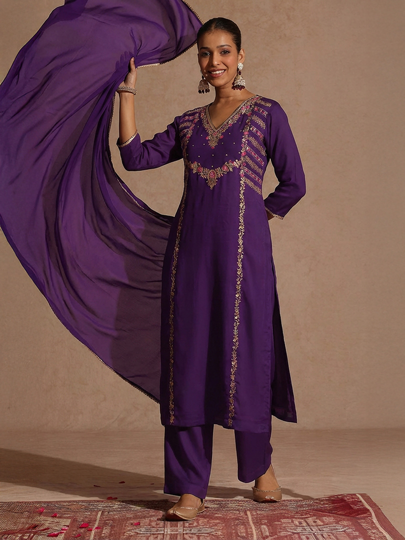 Janasya Women Silk Blend Kurta Pant Dupatta Set