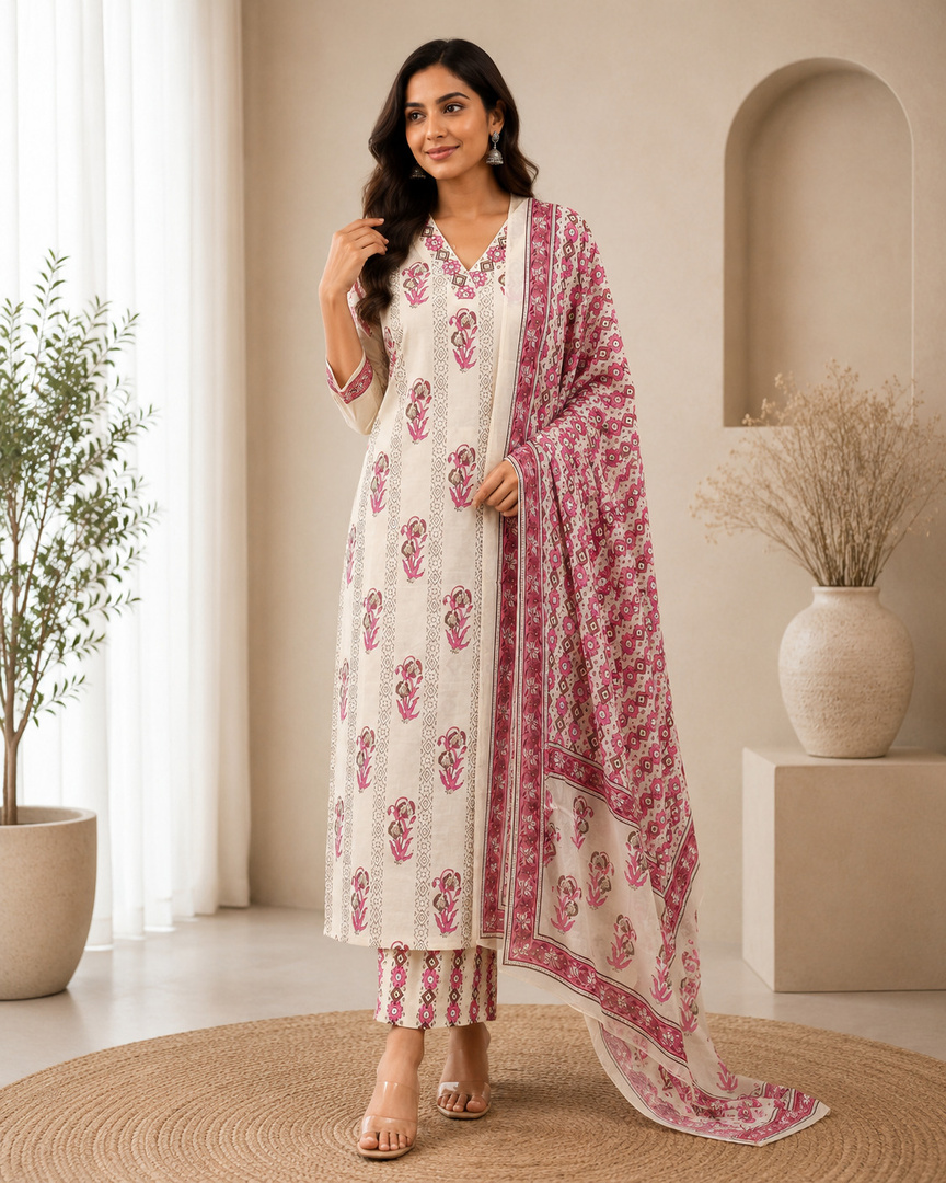 Sangria Women Pure Cotton Kurta Pant Attached Dupatta Set