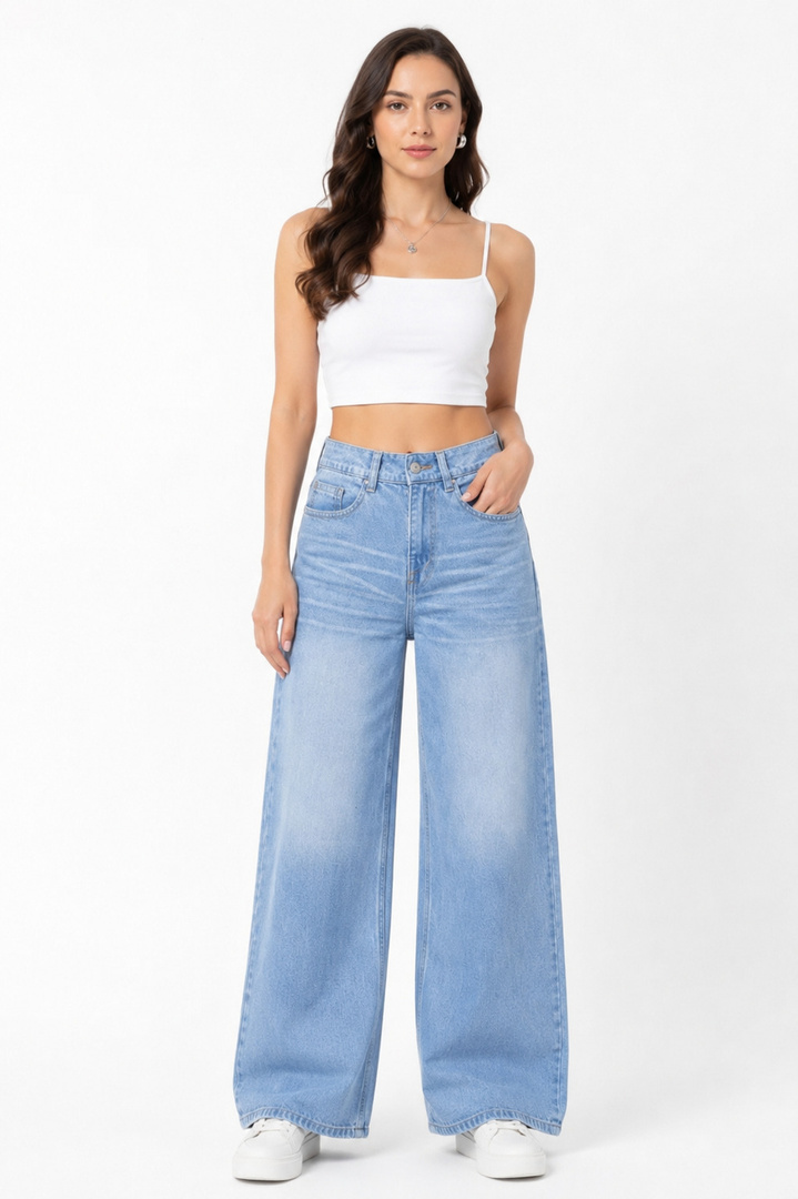 DPN JEANS Women Wide Leg High Rise Light Blue Jeans