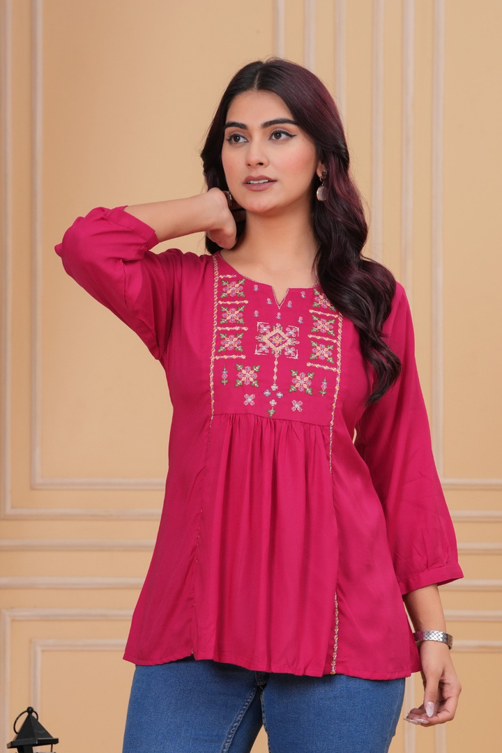 BABLIFASHION Embroidered Viscose Rayon Flared Kurta for Women (Pink)
