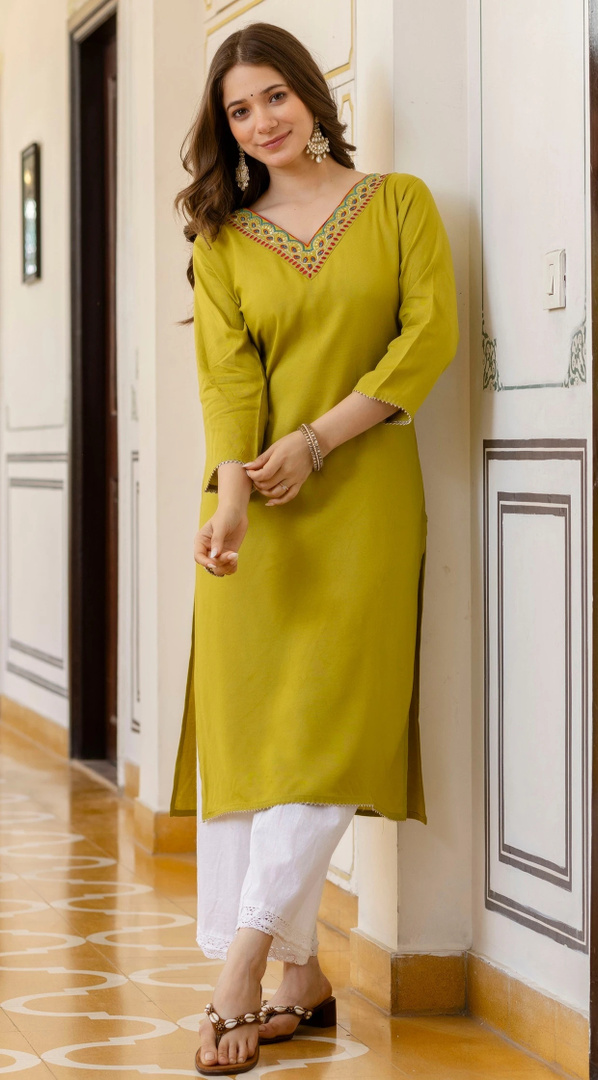 Surhi Women Embroidered Viscose Rayon Straight Kurta (Light Green)