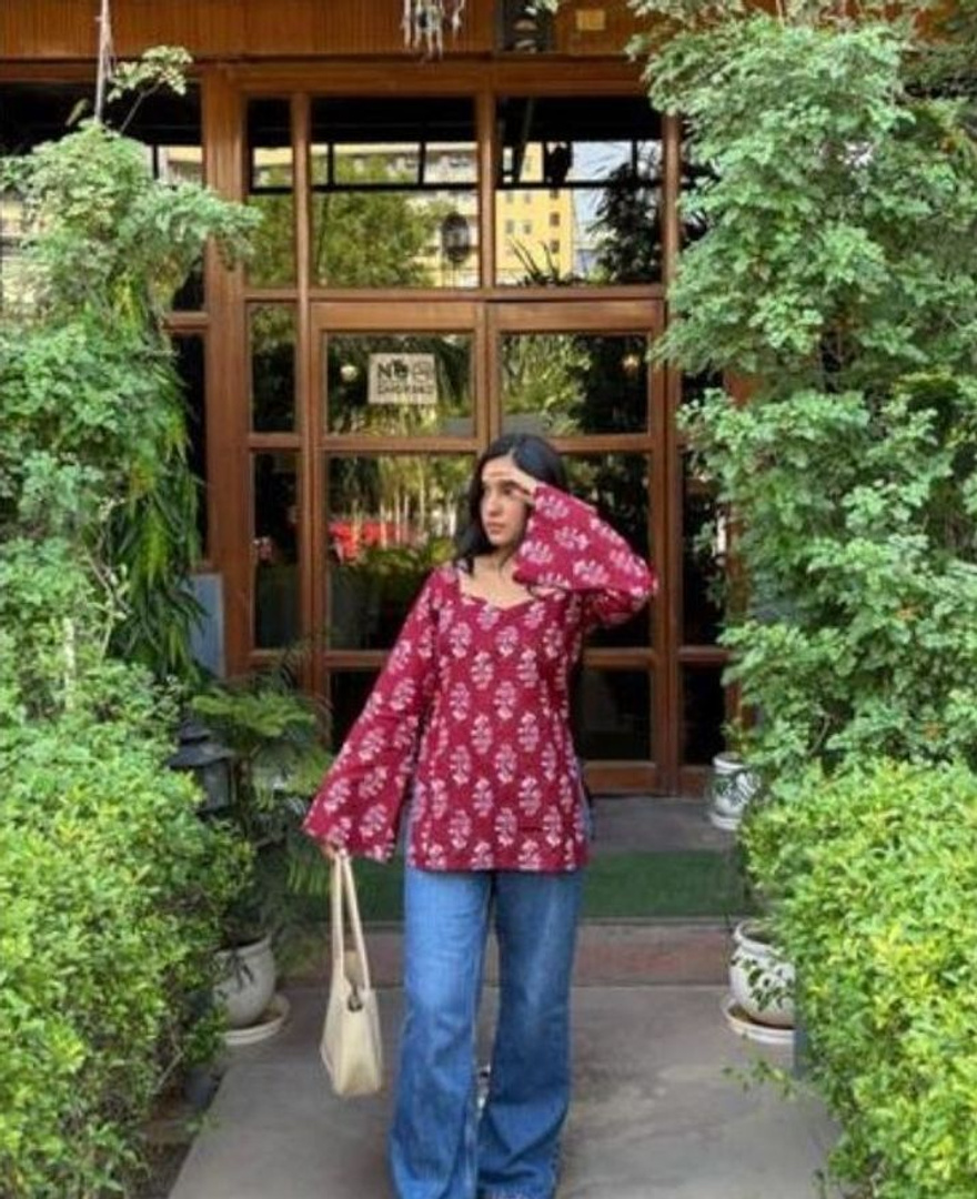 Funish Fashion Women Printed Cotton Rayon A-line Kurta (Maroon)