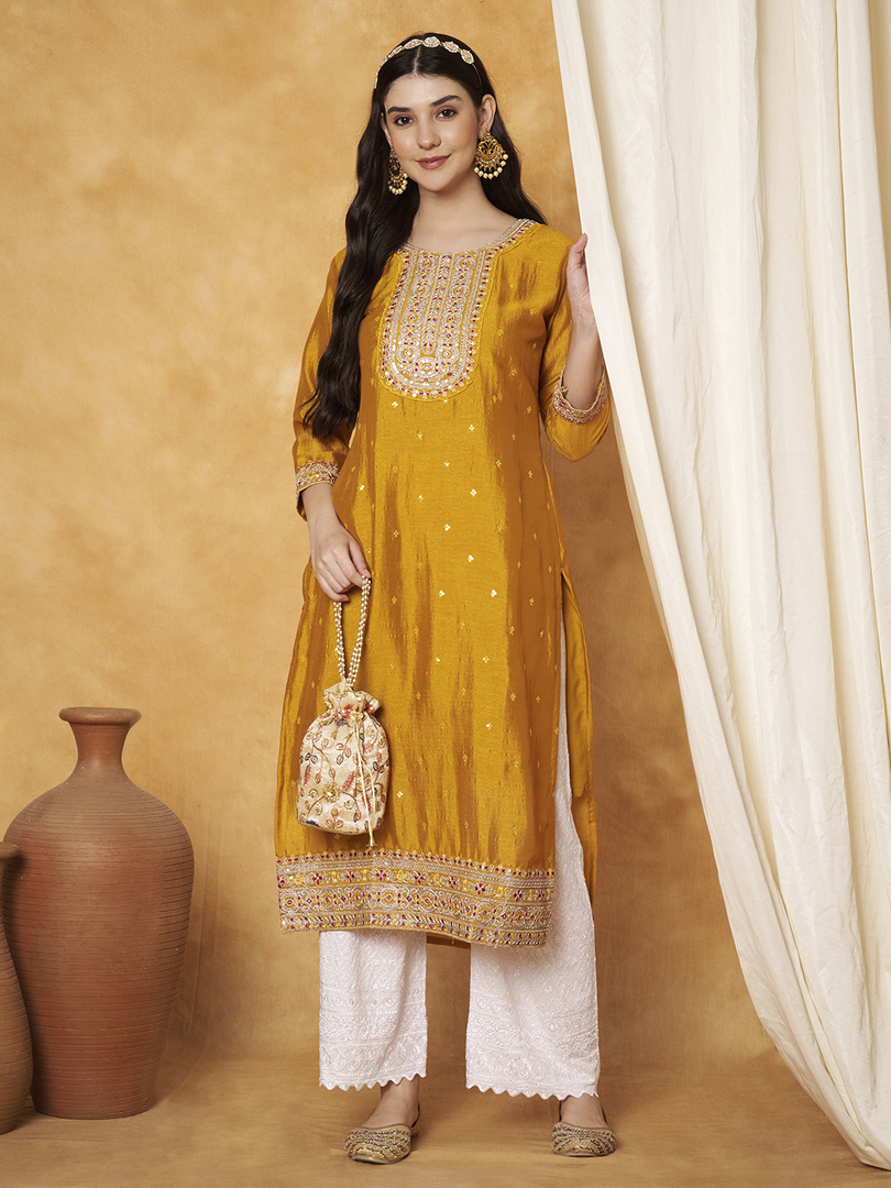 RARE THREAD Women Embroidered Pure Silk A-line Kurta (Yellow)