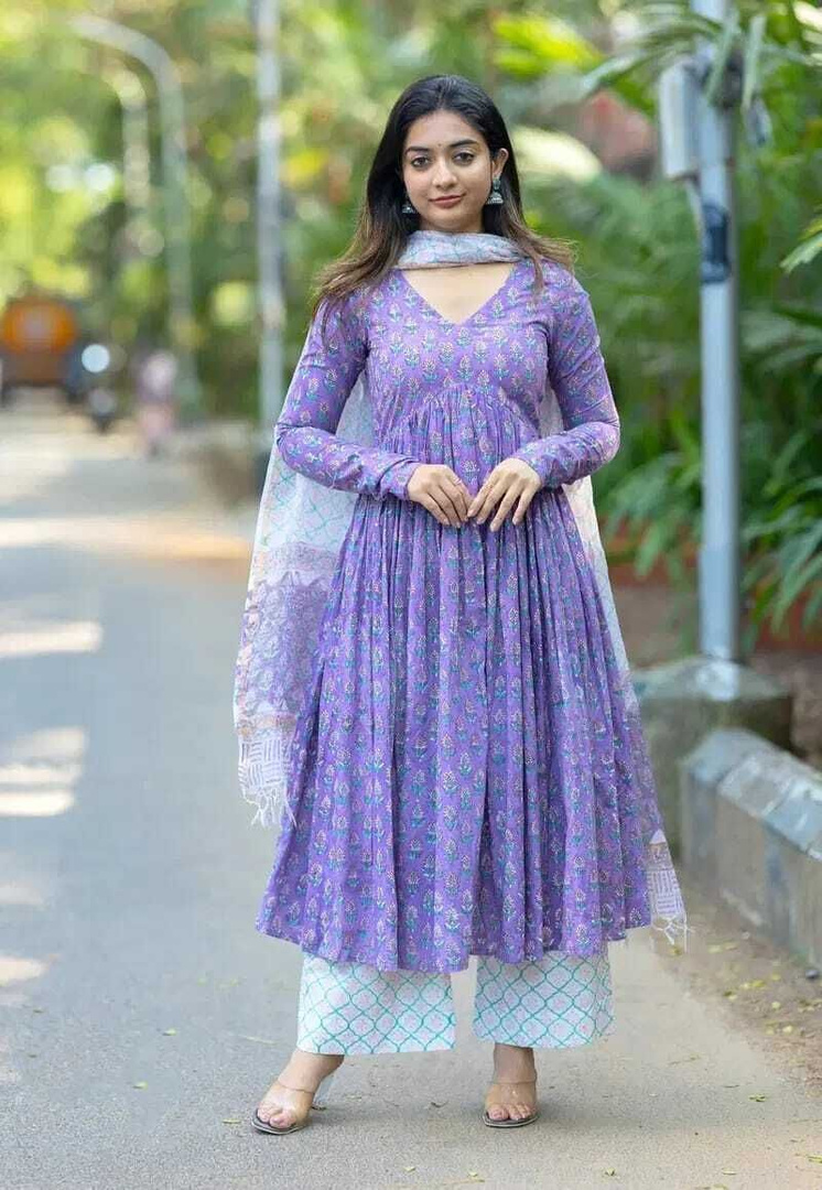 JAAEZAH Women Anarkali Style Long Flared Printed Anarkali Kurta, Bottom & Dupatta Set