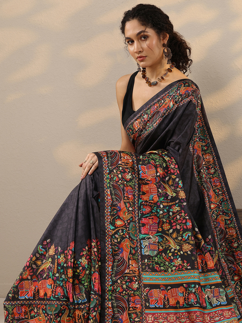 LIBAS Printed Daily Wear Silk Blend Saree (Black)