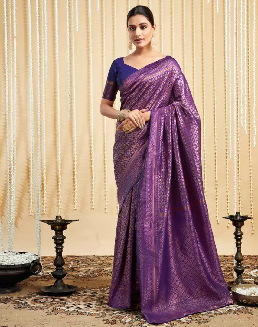 PHEASANT Woven Kanjivaram Pure Silk, Jacquard Saree (Purple)