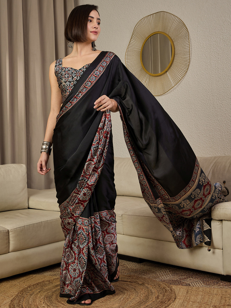 ANOUK Ready to Wear Printed, Floral Print, Geometric Print, Animal Print Pre Draped Saree Crepe Saree (Black)