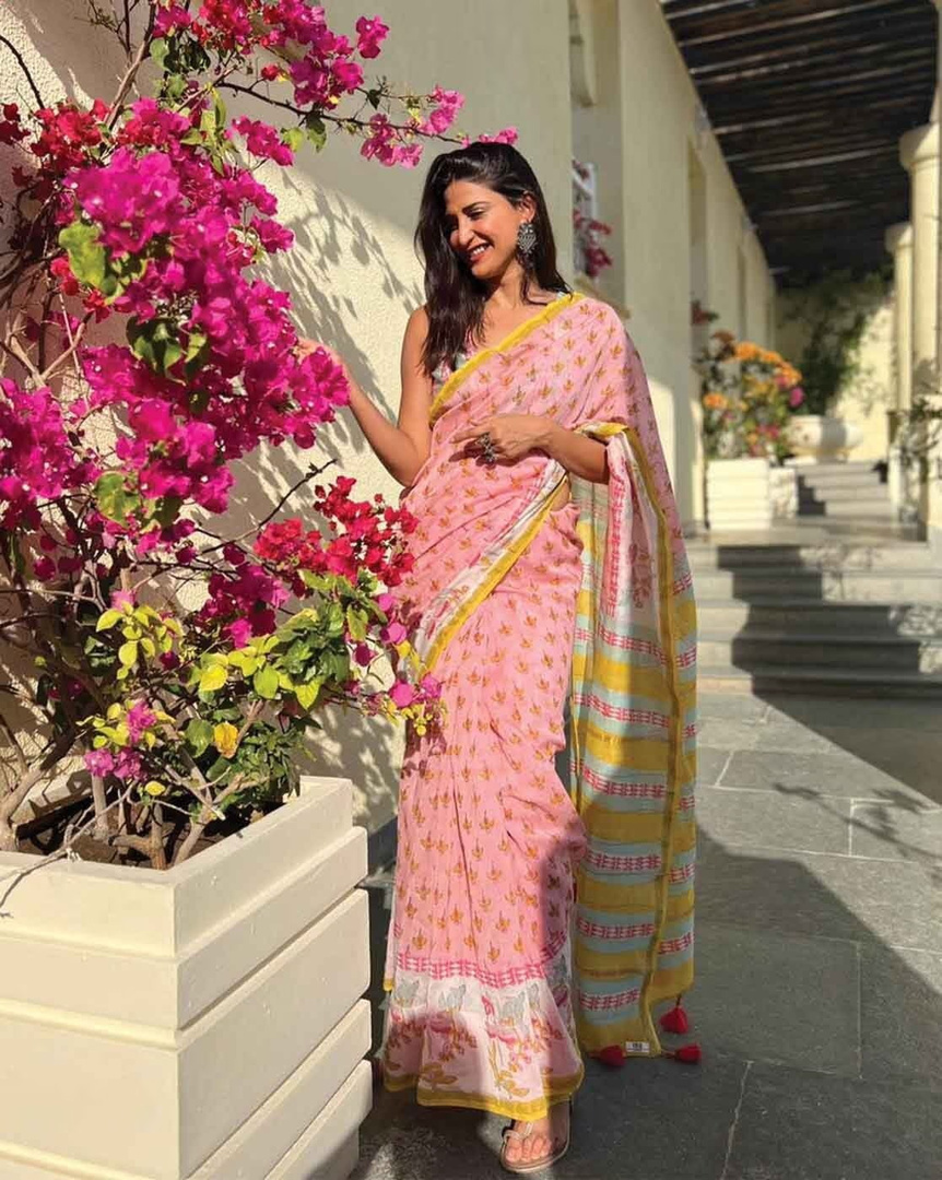 GEETABA FASHION Printed Bollywood Linen Saree (Orange)