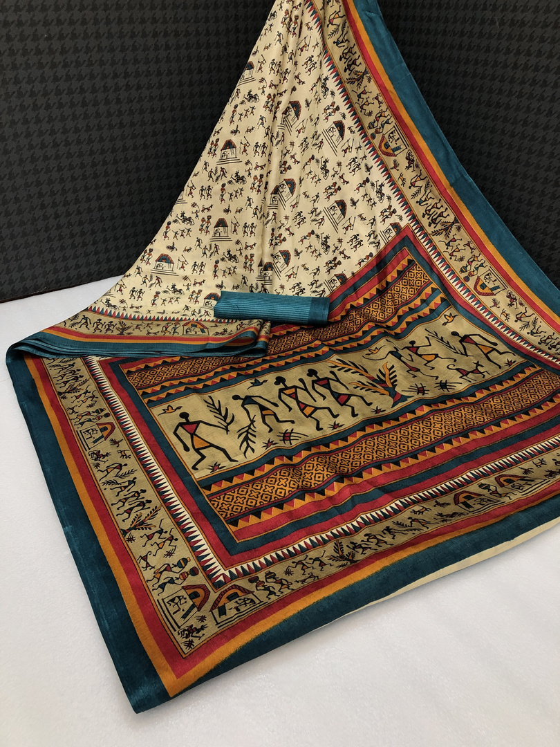 Kjs Kjs Printed Kalamkari Cotton Blend Saree (Multicolor)