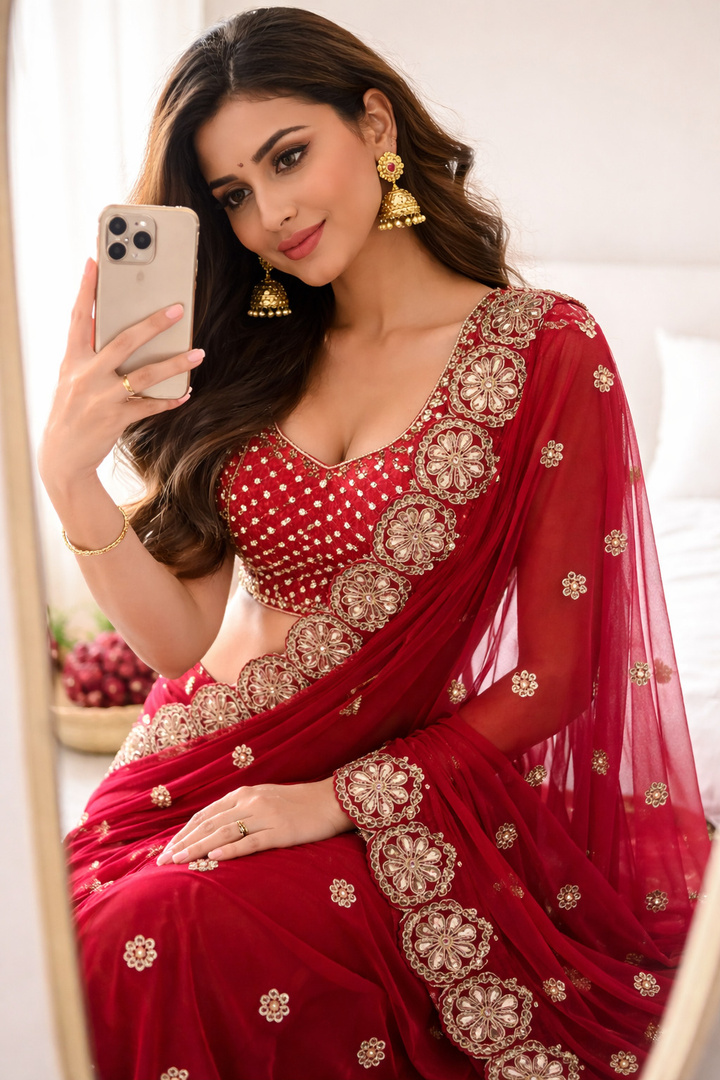 divycreatuion Embroidered Bollywood Satin Saree (Red)