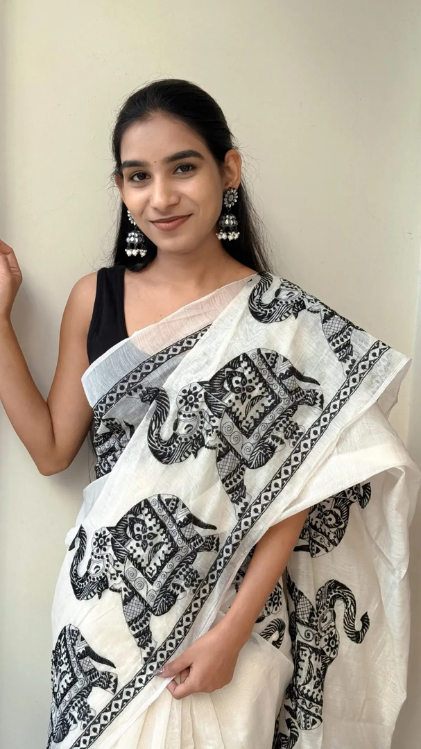 Pehnaavaaa Printed Daily Wear Cotton Linen Saree (White, Black)