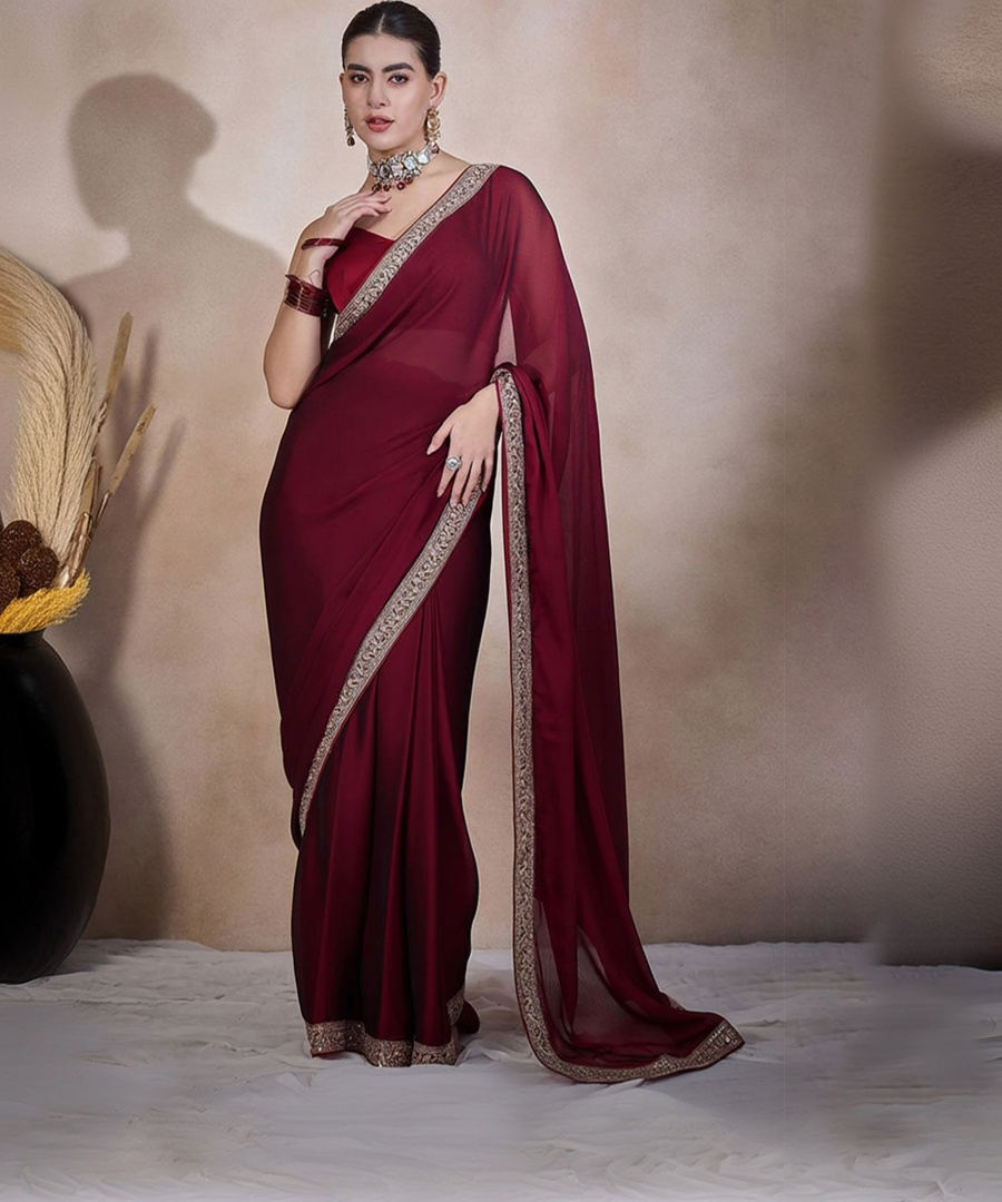 M.S.RETAIL Solid/Plain Bollywood Satin Saree (Maroon)