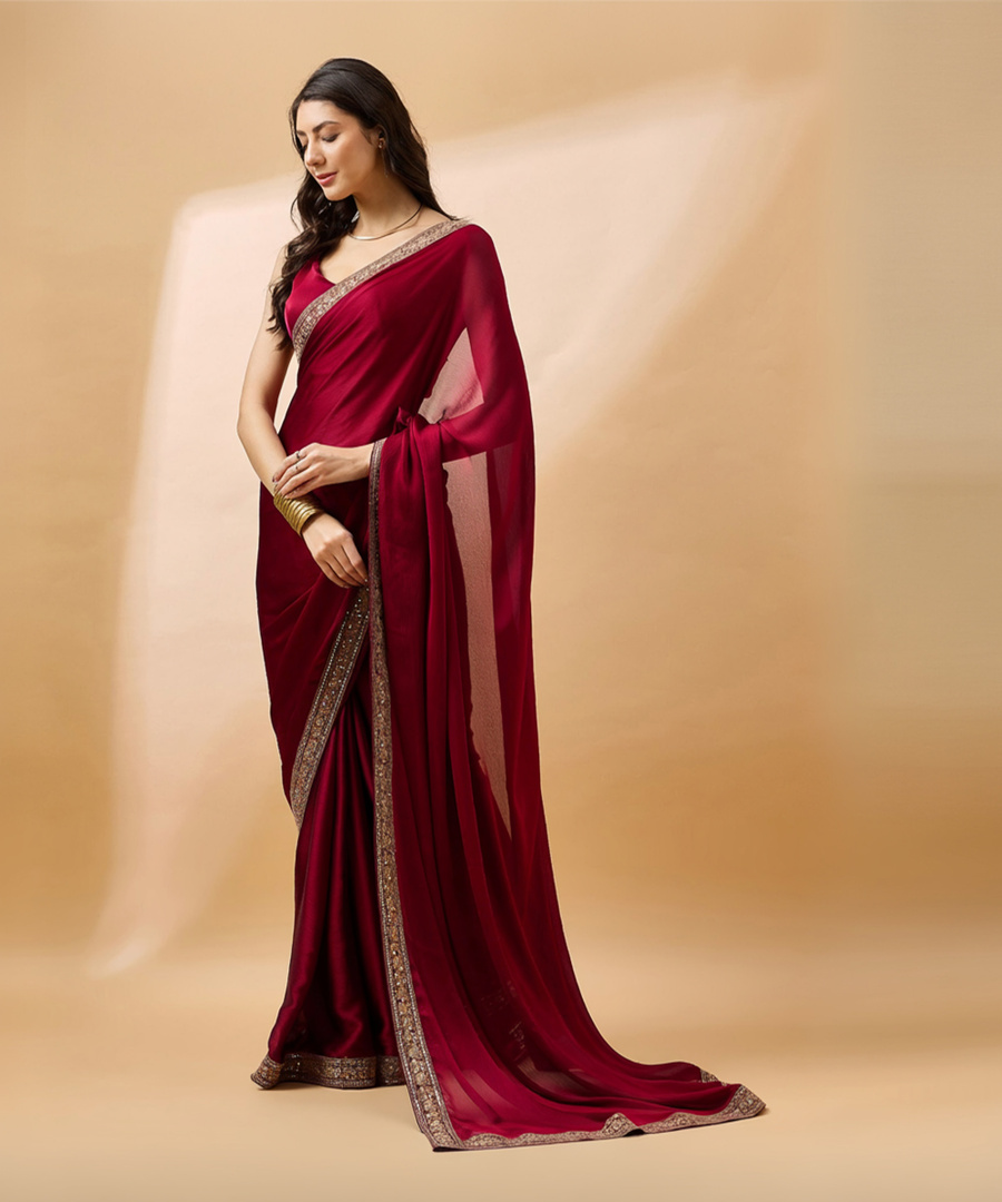 NIRMOHIFASHION Solid/Plain Bollywood Satin, Pure Silk Saree (Maroon)