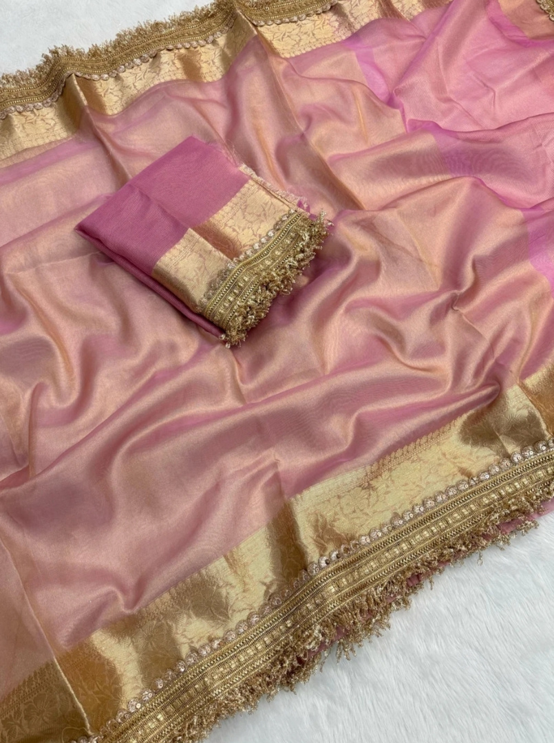 Banaras silk palace Woven Banarasi Tissue Saree (Pink)