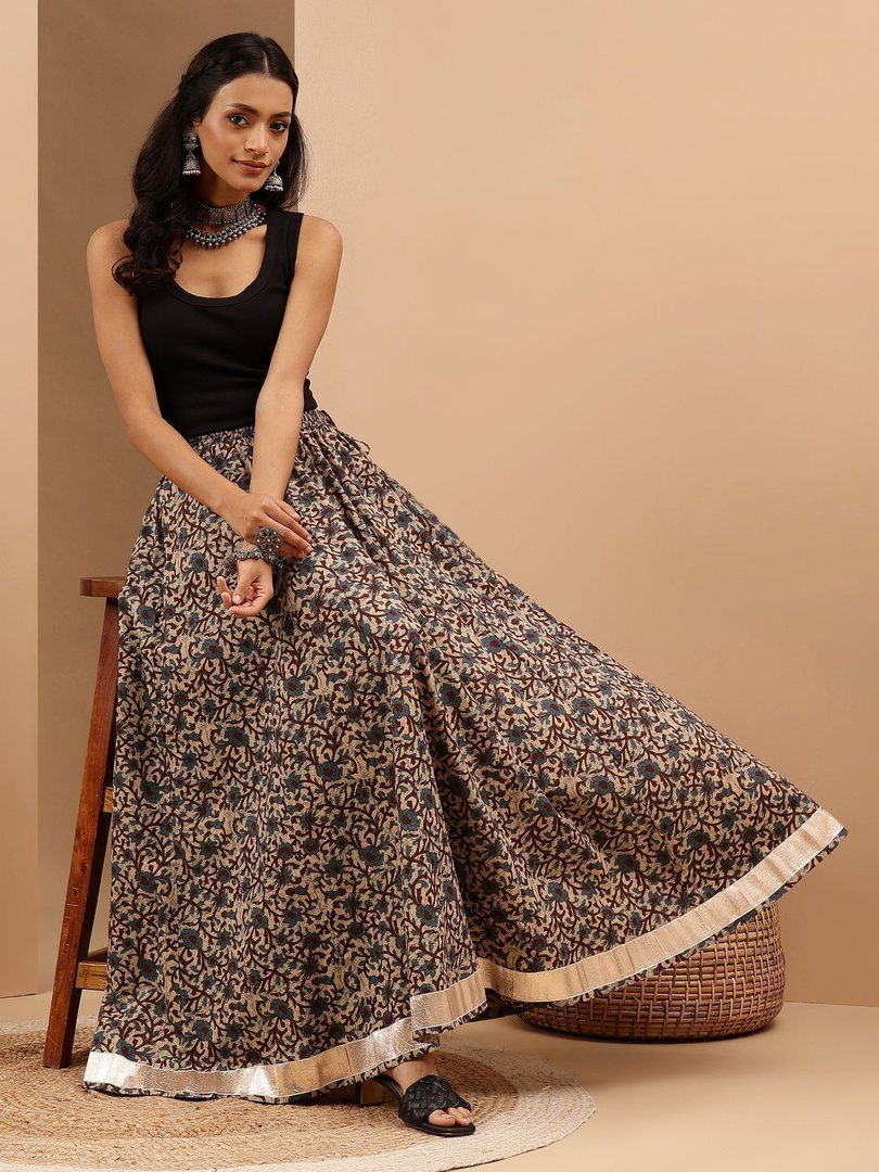 Janasya Women Floral Print Flared Beige Skirt