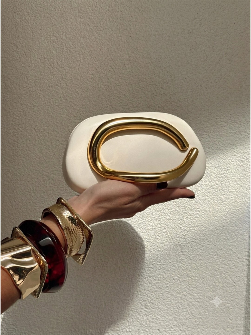 baggies White Women Sling Bag Sculptural Gold Loop Clutch handbag