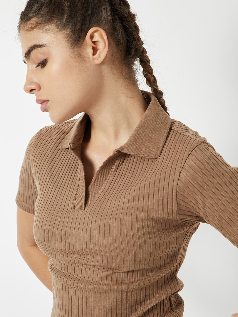 max MAX Women Self Design Polo Neck Cotton Blend Brown T-Shirt