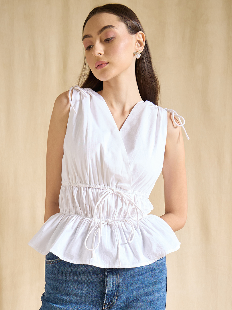 DRAPE AND DAZZLE Casual Sleeveless Solid Women White Top