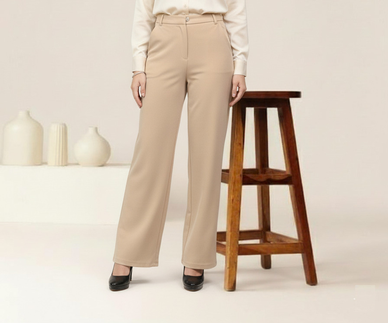 Crezelle Women Straight Fit Beige Polycotton Trousers