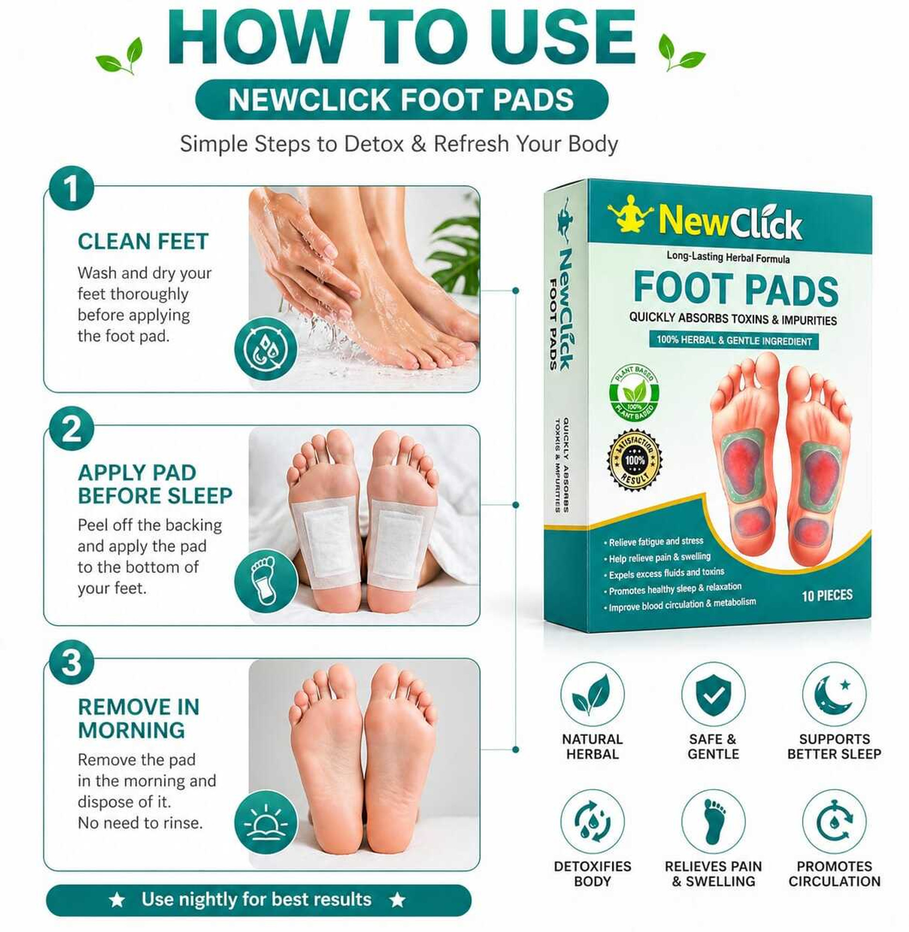 NewClick Foot Pads for weight loss Herbal Detoxn Routine a1143 Plaster & Patch (10 x 1 Patches) image 3